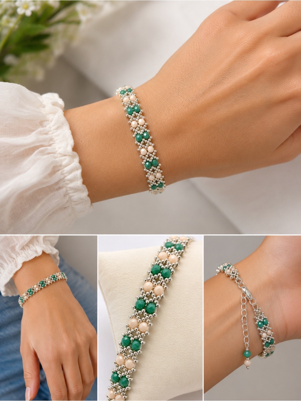 Hand Crafted Dainty Teal and Cream Beaded Bracelet - Women Jewelry